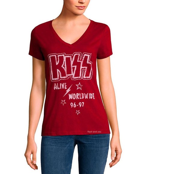 Kiss Band Alive Worldwide 96-97 rock Official V-neck T-Shirt L NWT - Picture 1 of 3
